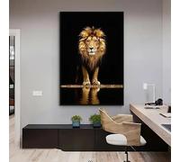 León dorado en la oscuridad. Impresionante pintura al óleo sobre lienzo para decoración de sala de estar. Impresiones en lienzo (50x70cm/sin marco).