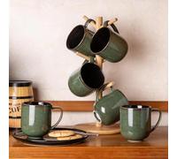 LeRatio Juego de 6 tazas de café de gres de 350 ml con asa grande para café con leche, capuchino, leche, cacao, apto para lavavajillas, verde jade