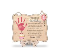 Letrero de huella de mano para niñas con texto en inglés "My First Birthday" para niñas, recuerdo de primer cumpleaños para colgar de madera, manualidades de huellas de un año, hitos de decoración