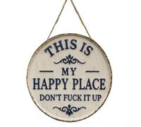 Letrero de metal para jardín con texto en inglés "This Is My Happy Place" - Placa de pared rústica retro para decoración de patio - Arte divertido de hierro al aire libre para cobertizo y garaje