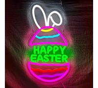 Letrero de neón de huevos de orejas de conejo, luz LED regulable de feliz Pascua para pared, patio y decoración de fiesta