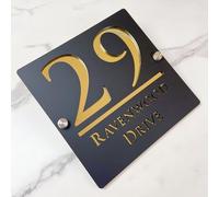 Letrero de número de casa de suspendido hueca 3D acrílico personalizado con nombre de calle fuente moderna | Señal de dirección de tienda placa puerta (negro oro)
