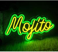 Letrero LED Decorativo Neón, Diseño Mojito Moderno en Verde y Amarillo, Luz de Pared para Decoración, Material Acrílico, Medidas 40x30cm