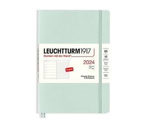 LEUCHTTURM1917 367776 agenda semanal y cuaderno de notas tapa blanda mediana (A5) 2024, 12 meses, verde menta, inglés