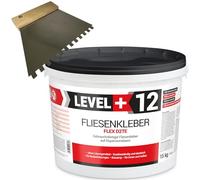 Level Plus 12 adhesivos para azulejos y llana dentada de 6 mm de acero inoxidable para piedra, mortero flexible, color blanco, juego de pegamento de dispersión RM12 (15 kg)
