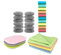 LEVIATAN Juego de 30 paños de Cocina, 5 paños de Microfibra, 10 Unidades, Esponja de Cocina, Esponja de Limpieza por Dos Lados, 12 esponjas de Acero, 3 Unidades