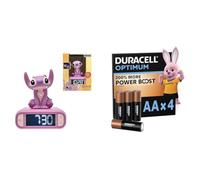 LEXIBOOK, Disney Stitch, Reloj Despertador con luz Nocturna Angel, Sonidos y melodías, Pantalla LCD retroiluminada, Luminoso, Snooze, Rosa, RL800D1 + Duracell Optimum Pack de 4 AA