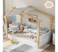 Lexiou Cama cabaña Infantil,Cama para niños Casita,Cama de Casa con Techo,Cama Nido para niños y niñas, Cama de Madera con Valla, Cama Familiar Individual con Protección Anticaídas y Somier, 90x190cm
