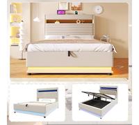 Lexiou Cama tapizada, 140 x 200 cm, con función de carga USB tipo C, iluminación LED, almacenamiento hidráulico, compartimento de almacenamiento con tapa superior, sin colchón, botón pulsador/aptitud