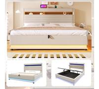 Lexiou Cama tapizada, 180 x 200 cm, con función de carga USB tipo C, iluminación LED, almacenamiento hidráulico, compartimento de almacenamiento con tapa superior, sin colchón, botón pulsador/aptitud