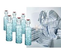 LGC Bundle | 6x Botella Bormioli Rocco Oriente en azul, con cierre hermético, 1 litro + 1 paño seco de microfilamento gratis incluido