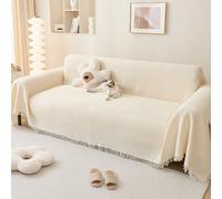 LHGOGO Manta grande con patrón de gofre para sofá de 4 o 3 plazas con borlas, manta tejida versátil para sofás y sillones, 180 x 340 cm, color crema