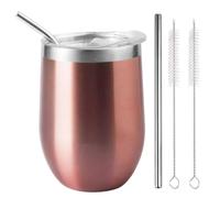 LiangYuanZen Copas de vino de acero inoxidable de 340 ml, con tapa, con una pajita y un cepillo, mantiene el frío y el calor para café, cerveza, champán, leche, cócteles, bebidas, vino, oro rosa.
