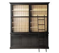 Librería con 2 puertas y 2 cajones de madera de acacia en negro y escalera negra