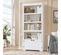 Librería de estilo rústico de 5 estantes con 2 puertas - Estantes antideslizantes ajustables, almacenamiento alto para oficina en casa, salón o estudio - Acabado blanco cálido en relieve, tirador negr