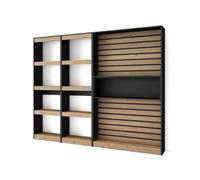Librería estantería, estanteria libros de pared, 230x25x186cm, salón, comedor, oficina, con almacenaje, estilo moderno, roble y negro