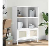 Librería genérica de madera maciza de pino blanco con puertas de aspecto ratán, estante de almacenamiento para libros y objetos decorativos, acabado barniz UV, mueble biblioteca con gran espacio