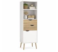 Librería Tajo, Estantería para Salón o Dormitorio con 2 Cajones y 1 Puerta, Color Blanco y Roble Patinado, 31x 40 x 172 cm