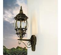 Licht-Erlebnisse Aplique exterior BREST de aluminio dorado antiguo cristal E27 IP23 Lámpara de pared con brazo Farol de estilo rústico para jardín