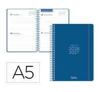 Liderpapel Agenda Escolar 2026-2027 Basic 2 Días Página A5 Bilingüe - Espiral - Azul Marino - Papel FSC 70g - Con Gomilla