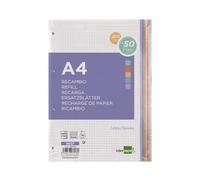 LIDERPAPEL RECAMBIO BLOC A4 200+50 HOJAS 90G/M2 CUADRO 5 MM CON MARGEN 4 TALADROS BANDAS CON 5 COLORES PASTEL