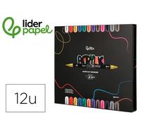 Liderpapel Rotulador Acrylic Base Agua Todo Tipo Superficie Doble Punta Pincel y Dot Caja 12 Unidades Surtidas