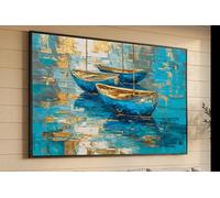 Lienzo con diseño de barco azul y dorado, arte abstracto de océano para pared, decoración náutica para el hogar, pintura sobre lienzo texturizado, arte de paisaje marino (50x70cm/marco interior)