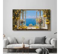 Lienzo con vista al mar Mediterráneo, cuadro de pared con ventana abierta, limonero y flores, decoración para sala de estar de estilo costero (50x100cm/sin marco)