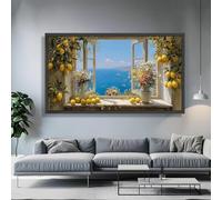 Lienzo con vista al mar Mediterráneo, cuadro de pared con ventana abierta, limonero y flores, naturaleza muerta, decoración para sala de estar o hogar costero (55 x 110 cm)