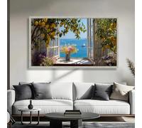 Lienzo con vista al mar Mediterráneo, cuadro de pared con ventana abierta, limonero y jarrón de flores, decoración costera para el hogar (55 x 110 cm)