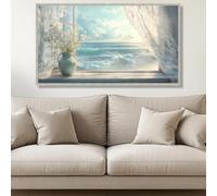 Lienzo con vista panorámica al mar desde una ventana abierta, arte mural náutico, lienzo con gaviotas sobre el mar, decoración de pared para dormitorio (70x140cm/sin marco)