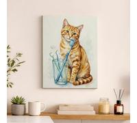 Lienzo decorativo para pared con diseño de gato con cepillo de dientes, decoración de animales naranja y azul, divertida decoración abstracta para el hogar, sala de estar, dormitorio, baño, lienzo