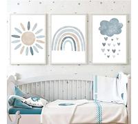 Lienzo decorativo para pared de guardería, diseño de nubes de arco iris y sol azul, póster de arte de pared para niños, arte nórdico bohemio para decoración de habitación de niños, juego de 3 bonitas