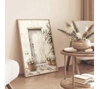 Lienzo impreso con diseño de la costa neutra en color crema claro italiano, árbol de olivo verde, arco de puerta beige, póster de arte de pared para decoración del hogar (60x80cm/sin marco)