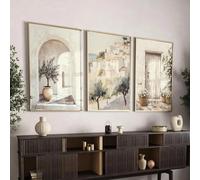 Lienzo impreso con diseño de la costa neutra en color crema claro italiano, árbol de olivo verde y arco de puerta beige, póster decorativo para el hogar (50x70cmx3/sin marco)