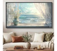 Lienzo impreso con vista panorámica al mar desde una ventana abierta, arte mural náutico con gaviotas para la decoración del dormitorio (55 x 110 cm).