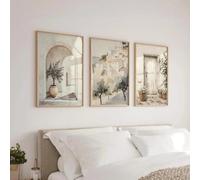 Lienzo impreso en color crema claro estilo Costa Neutral con olivo verde y arco de puerta beige, póster decorativo para el hogar (30x40cm/3 piezas sin marco)