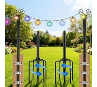 LIFEJXWEN Juego de 2 Postes para Luces de Cadenita 2.7m, con 2 Ganchos en S por Poste, Acero al Carbono para Exterior, Jardín, Terraza, Fiestas, Navidad - Incl. Soportes y Tornillos