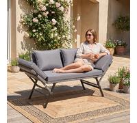 LIFERUN 2 en 1 Sofá Cama de Ratán, Muebles Jardín Convertible 2 Plazas con Reposabrazos Regulables para Terraza, Balcón, Exterior (Gris carbón)