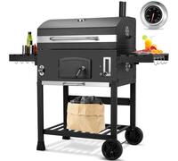 LIFERUN Barbacoa de Carbon XXL, Parrilla de Carbón con Chimenea y Tapa, Parrilla con Carrito BBQ Smoker con Ruedas y Termómetro, Grande BBQ Carbon para Camping y Jardín