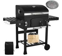 LIFERUN Parrilla de Carbón XXL con Tapa, Carrito Barbacoa con Cubierta Impermeable, Ruedas y Termómetro, Altura ajustable, Grande BBQ Smoker para Camping y Jardín, 122x104x54,5 cm