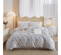 LifeTB Vintage Style Cotton Floral Duvet Cover Queen Boho Blue Floral Bedding Sets Chic Shabby Aesthetic Floral Comforter Cover Soft Botanical Bedding Sets 1 Queen Duvet Cover 2 Pillow Shams