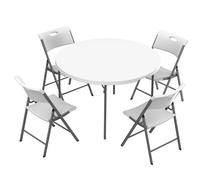 Lifetime - Pack mesa redonda Ø122 cm y 4 sillas plegables, color blanco, fabricadas en HDPE y acero resistente, con protección UV, patas con topes protectores, ideal para interior y exterior, perfecto