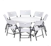 Lifetime - Pack mesa redonda Ø152 cm y 8 sillas plegables, color blanco, fabricadas en HDPE y acero resistente, con protección UV, patas con topes protectores, ideal para interior y exterior, perfecto