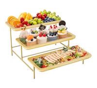 Lifewit Bandeja de servir de bambú de 3 niveles, 36 x 17 cm, bandeja de servir con soporte de metal dorado para suministros de fiesta, accesorios de bufé, grandes bandejas reutilizables para