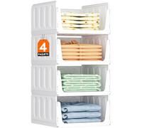 Lifewit Organizador de Armario Apilable, Cajas de Almacenaje Extensibles para Ropa, Camisetas y Pantalones, Cajones de Plastico para Separadores Closet de Baño, Cocina y Camping, 20L, Blanco, 4 Pack