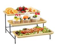 Lifewit Soporte de 3 niveles, bandeja de servir de bambú de 30 x 17 cm/12 x 6,5 cm, bandeja de servir con soporte de metal negro para fiestas, buffet, grandes bandejas expositoras para verduras