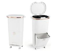 LIFEZEAL 38L / 42L Cubo de basura con ruedas, papelera con 3 compartimentos y tapa, cubo de basura con pedal y asa, contenedor de basura para cocina, sala de estar y oficina (38L, Blanco)