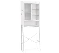 LIFEZEAL Armario sobre Inodoro para Baño, Mueble de Almacenamiento Encima WC con Estantes Ajustables, Puerta Corredera y Ganchos, Organizador Independiente y Compacto sobre Lavadora (Blanco)