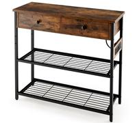LIFEZEAL Consola Industrial de Pasillo Con Toma de Corriente y Puertos USB, Mesa de Entrada Con Estantes y Cajones, Auxiliar Estrecha de Sofá para Salón, 81 x 30 x 81 cm (Marrón)